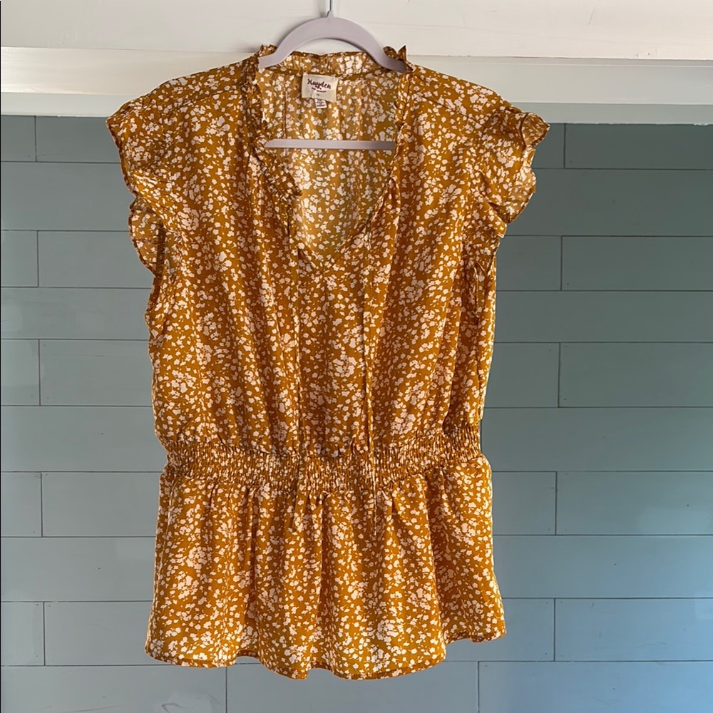Hayden Mustard Yellow Floral Ruffle Sleeve Tank